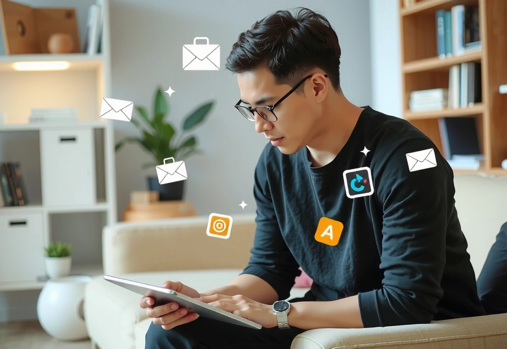 Persoană citind articole de blog pe tabletă, înconjurată de icoane de marketing digital