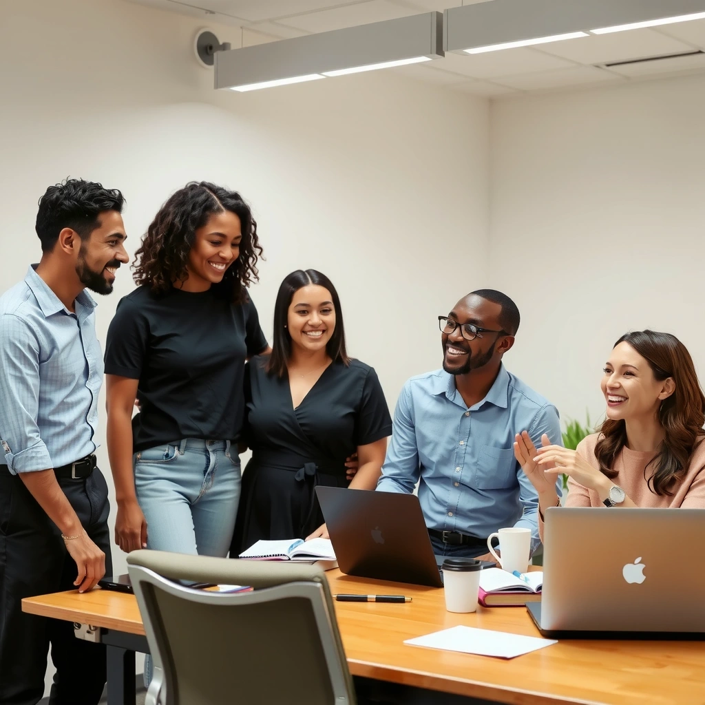 Echipă zâmbind și discutând într-un mediu de lucru prietenos
