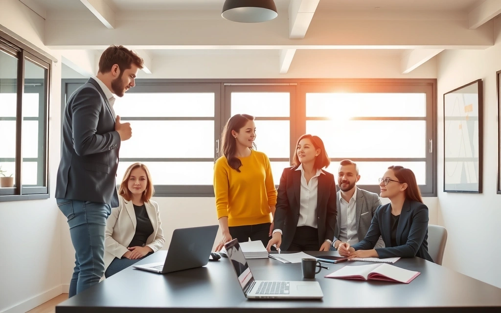 Imagine cu un grup de profesioniști care colaborează într-un birou modern