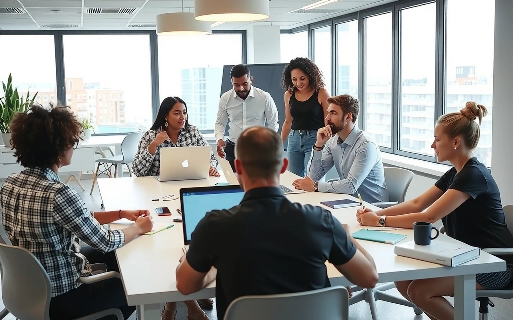 Echipa growthgate lucrând într-un birou modern, colaborând eficient.