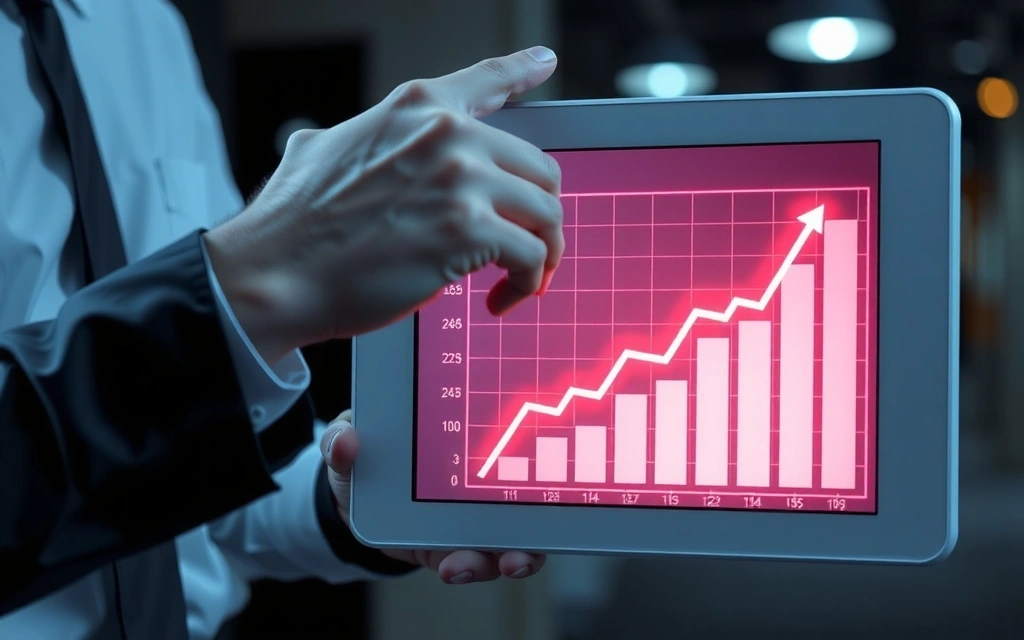 Mână care arată spre o diagramă de creștere pe un ecran, simbolizând succesul și avantajele colaborării.