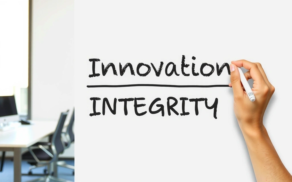 Mână care scrie valori pe o tablă albă, cu accent pe cuvinte cheie precum inovație și integritate.
