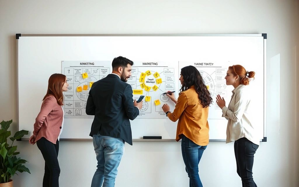Oameni colaborând în jurul unei table albe cu diagrame și strategii de marketing.