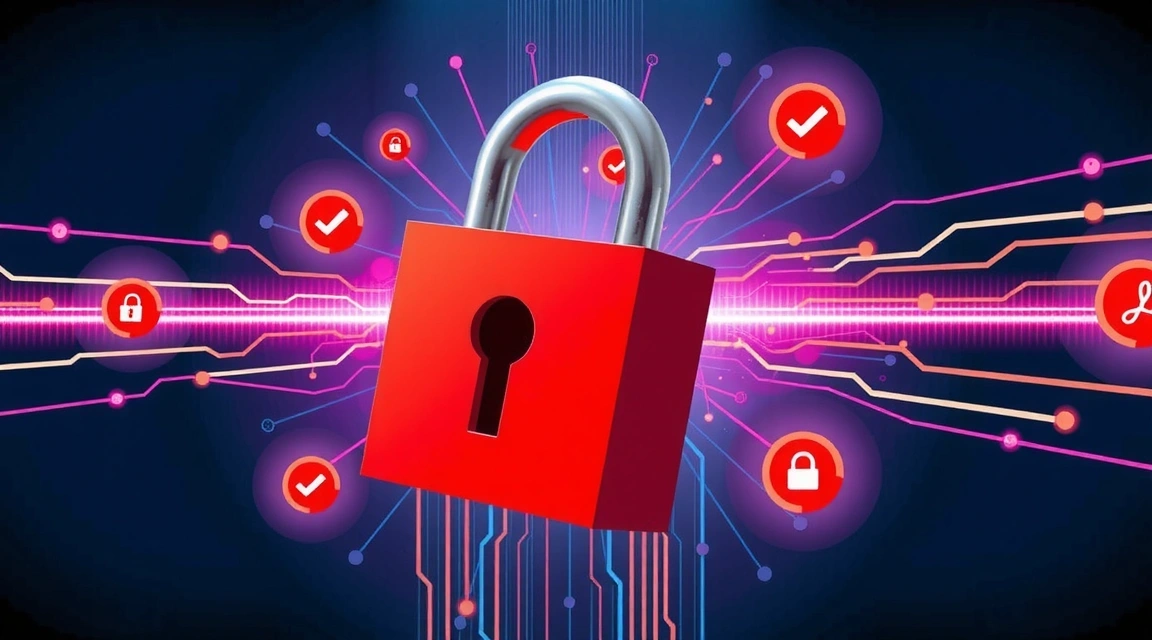 Ilustrație cu un lacăt digital și elemente de securitate cibernetică, simbolizând protecția datelor.