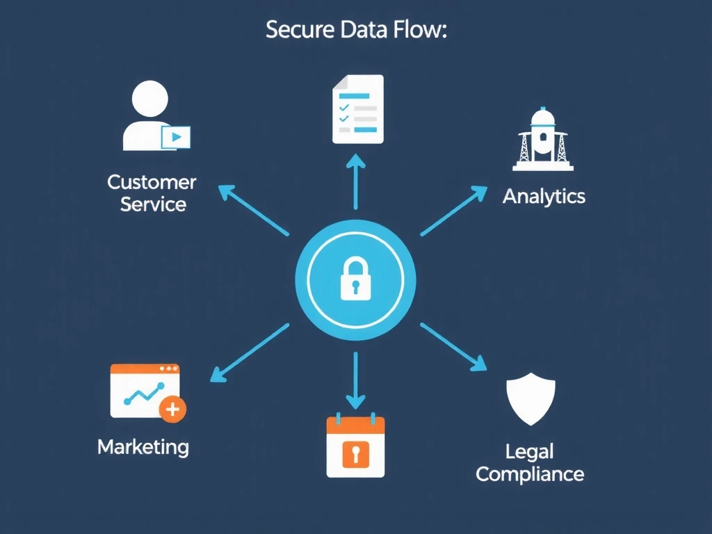Diagramă cu fluxul de date securizat și iconițe reprezentând diverse utilizări ale datelor
