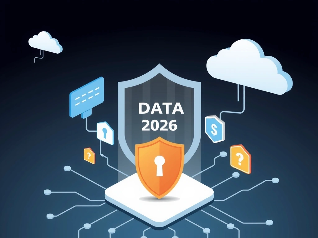 Ilustrație abstractă cu un scut de protecție a datelor și elemente de securitate cibernetică