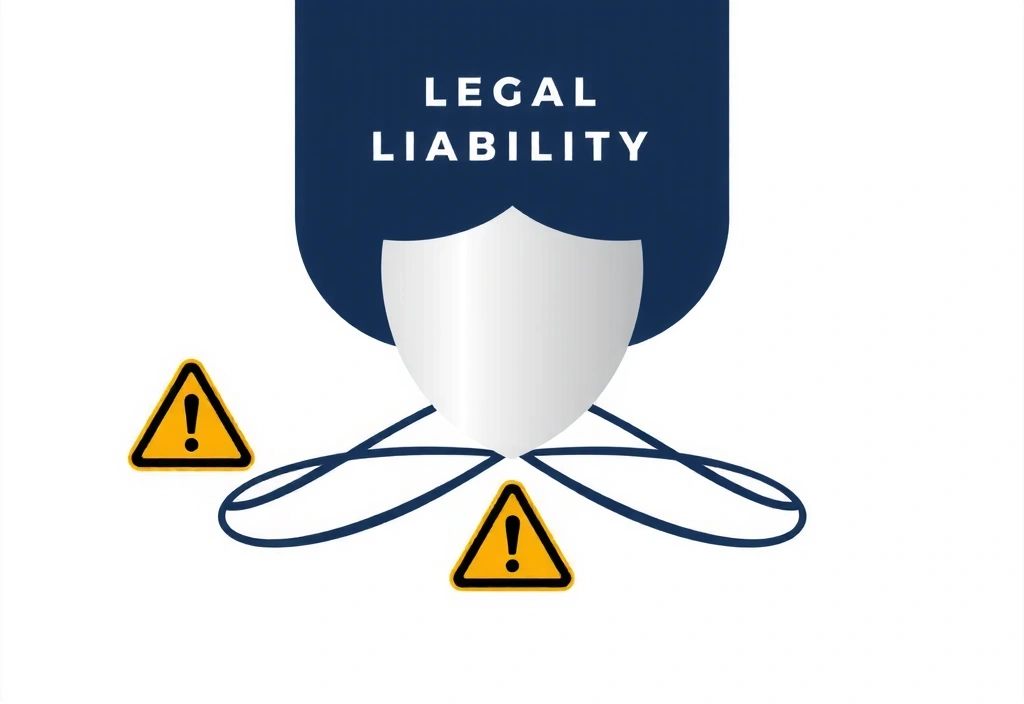 Diagramă abstractă a responsabilității, cu semne de avertizare și un scut protector, indicând limitarea răspunderii.