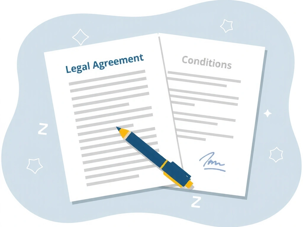Ilustrație abstractă a unui acord legal, cu documente și stilou, simbolizând termenii și condițiile.