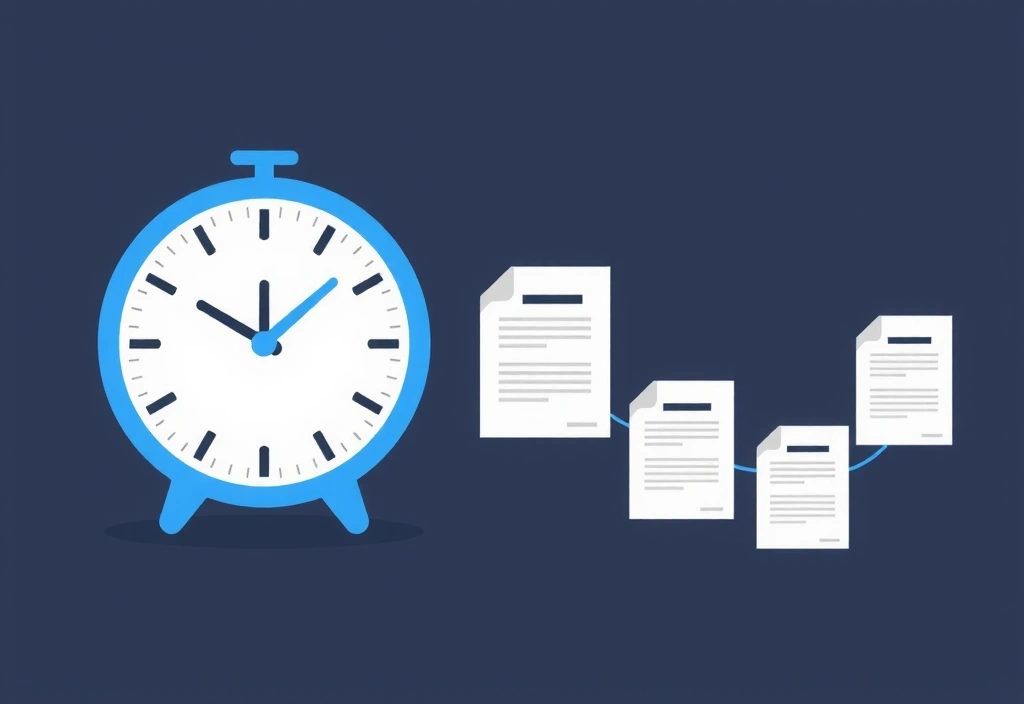 Ilustrație a unui ceas și a unor documente care se schimbă, simbolizând actualizările termenilor în timp.